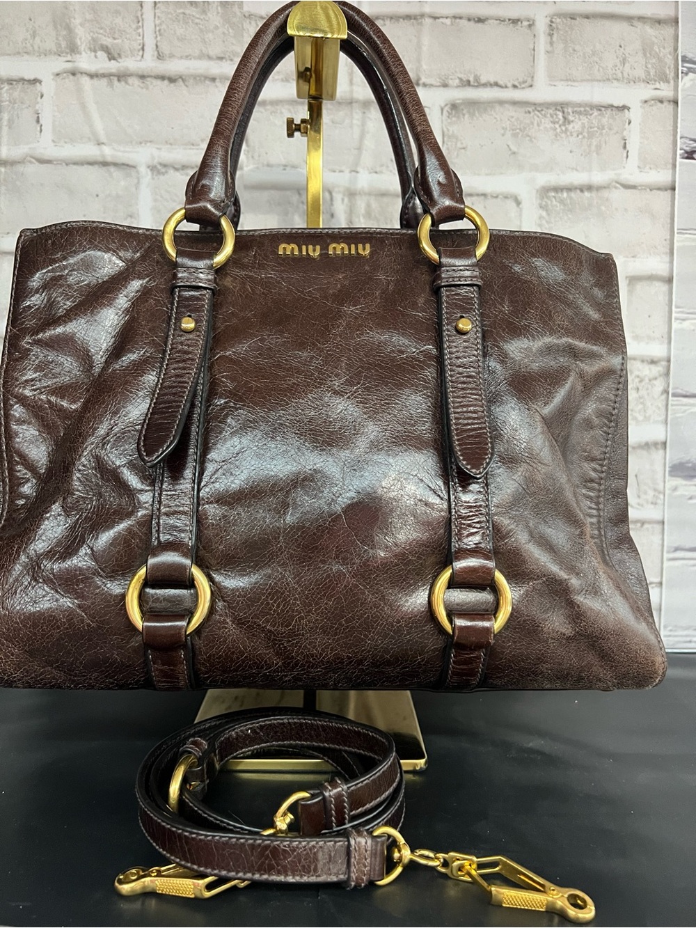 Miu Miu Dark Brown Leather Tote with Gold Hardware